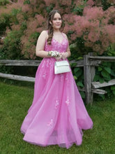 Hot Pink Lace Formal Dress Plus Size V Neck Long Evening Dress UK Mychicdress